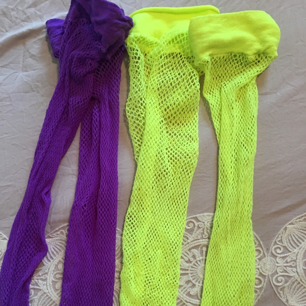 Fish net stockings, neon yellow and purple
